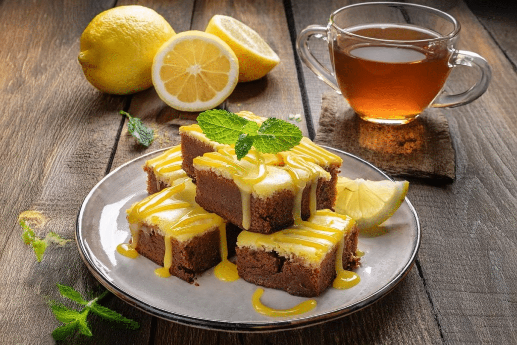 Lemon brownies with lemon glaze served on a plate.