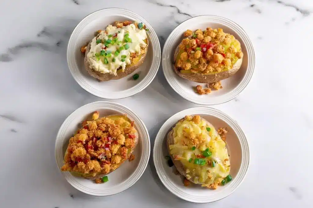 Variations of funeral potatoes with different toppings.