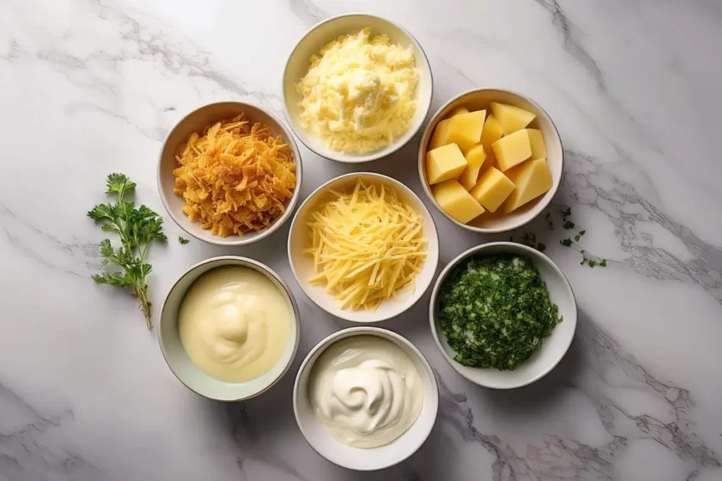 A top-down view of shredded hash browns, cheddar cheese, sour cream, and cream of celery soup arranged on a rustic white marble table kitchen counter.