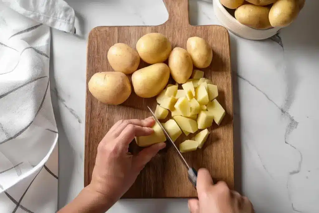 A chef peeling and chopping freshly washed potatoes into uniform cubes on a wooden cutting board.