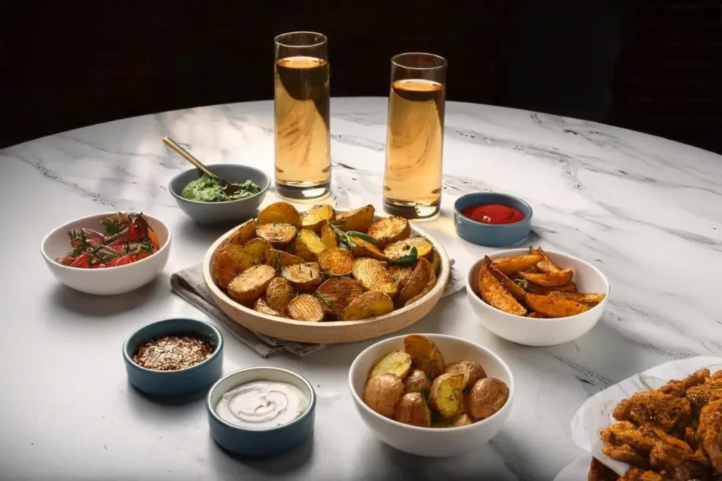 A beautifully arranged potato party table with baked potatoes, crispy wedges, and various toppings in small bowls on a rustic white marble table