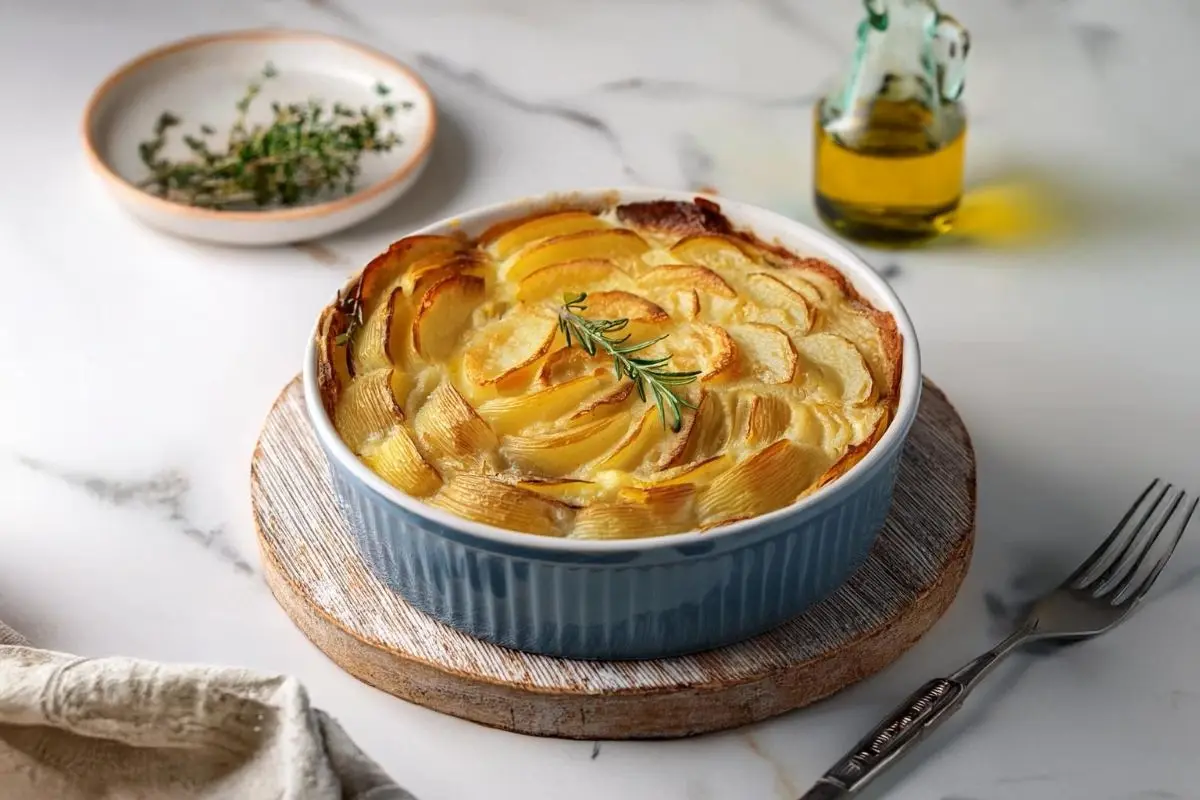 A freshly baked gratin dauphinois with a golden crispy top and creamy layers of thinly sliced potatoes in a rustic French kitchen.