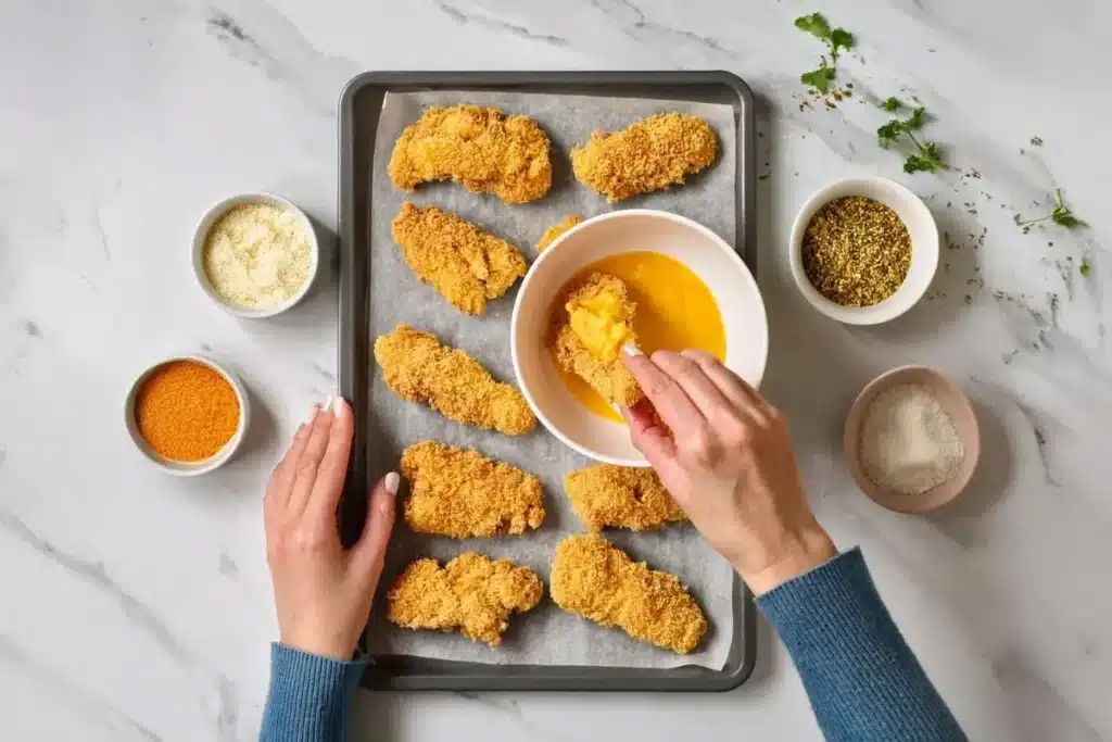 Chicken tenders being dipped in egg wash and coated with panko breadcrumbs.