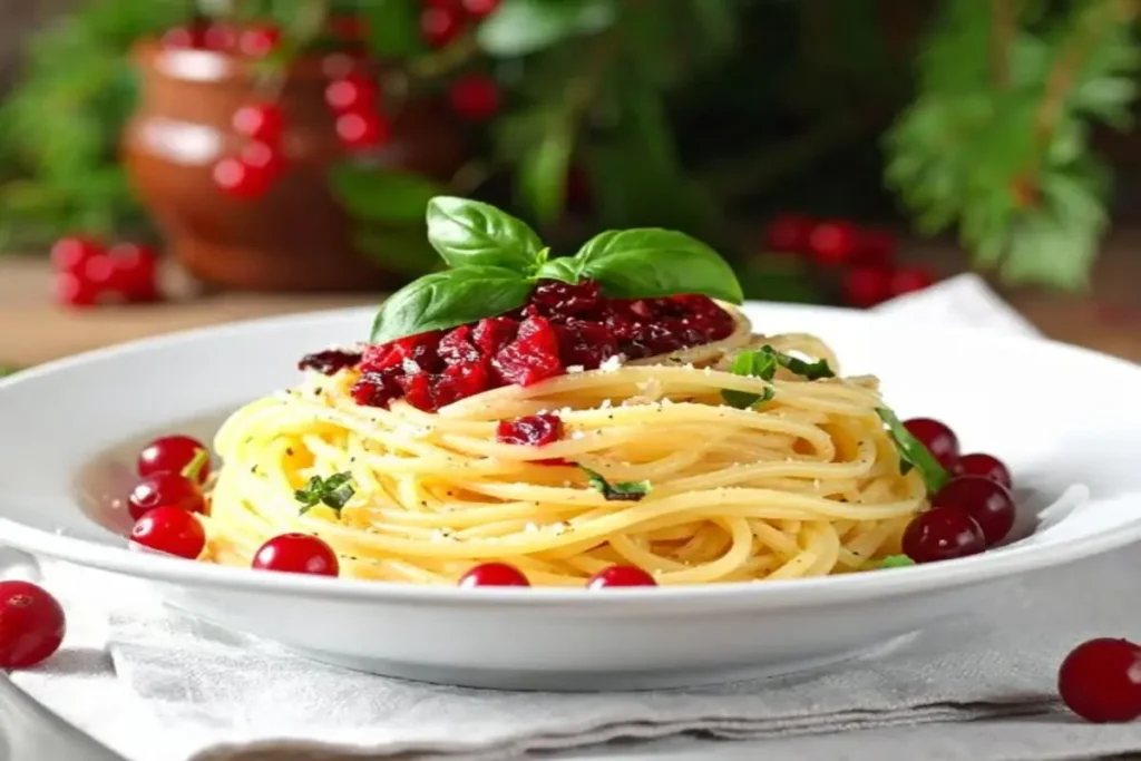 Cranberry Spaghetti served with rich red cranberry sauce and fresh herbs on a plate.