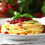 Cranberry Spaghetti served with rich red cranberry sauce and fresh herbs on a plate.