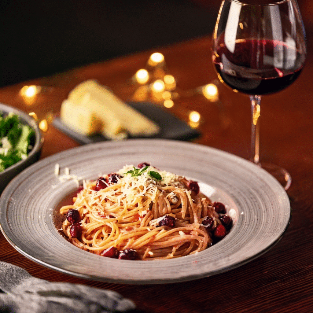 Served cranberry spaghetti with salad