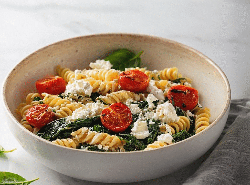 Pasta with spinach and tomatoes and feta