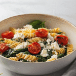 Pasta with spinach and tomatoes and feta