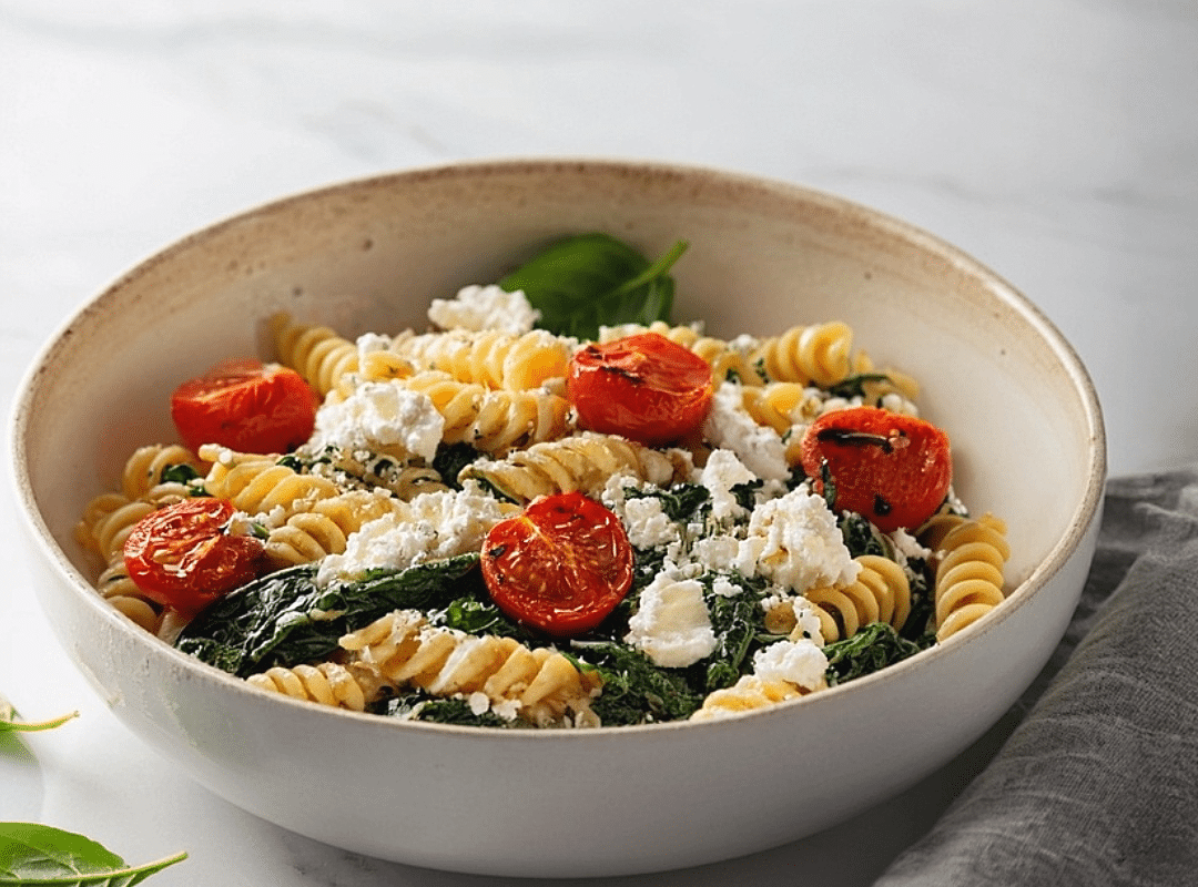 Pasta with spinach and tomatoes and feta