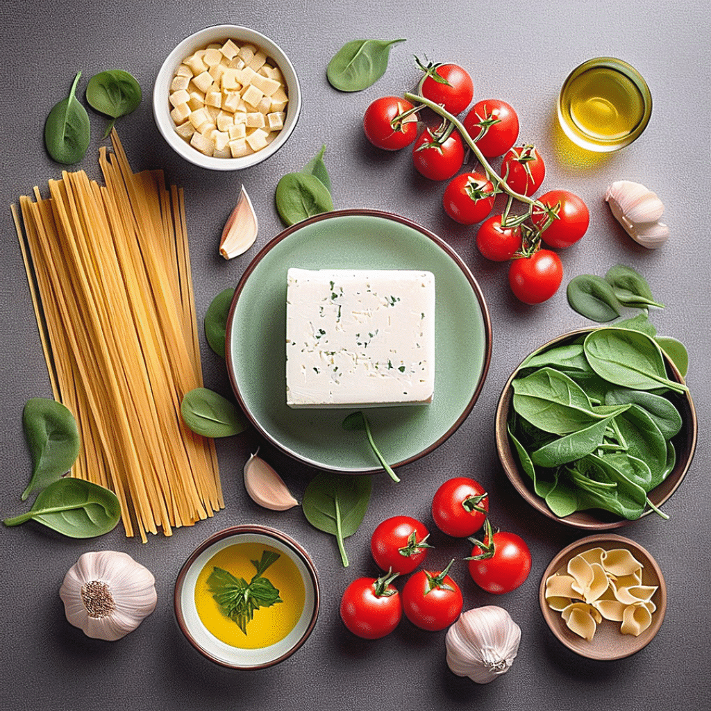 Pasta with spinach, tomatoes, and feta ingredients