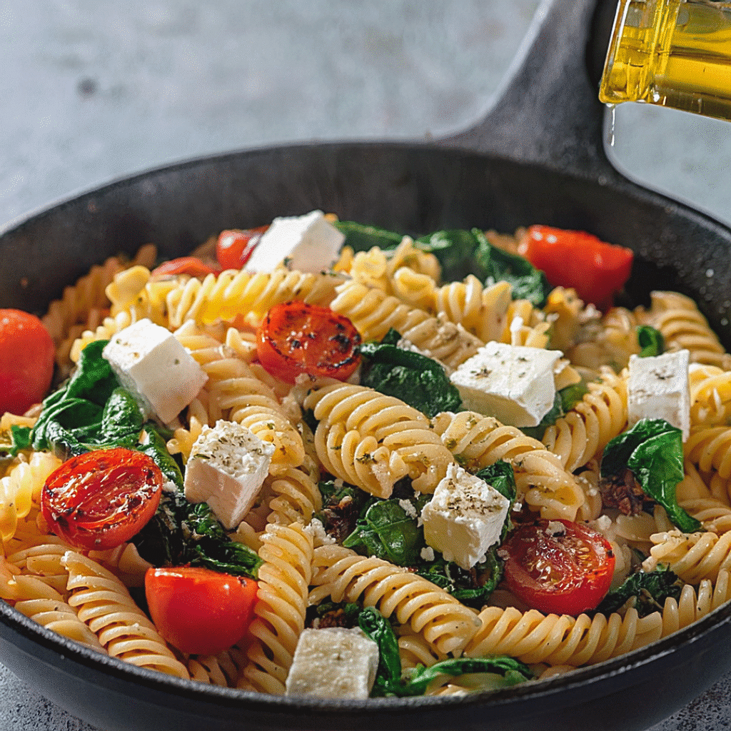 Tossing pasta with feta, tomatoes, and spinach