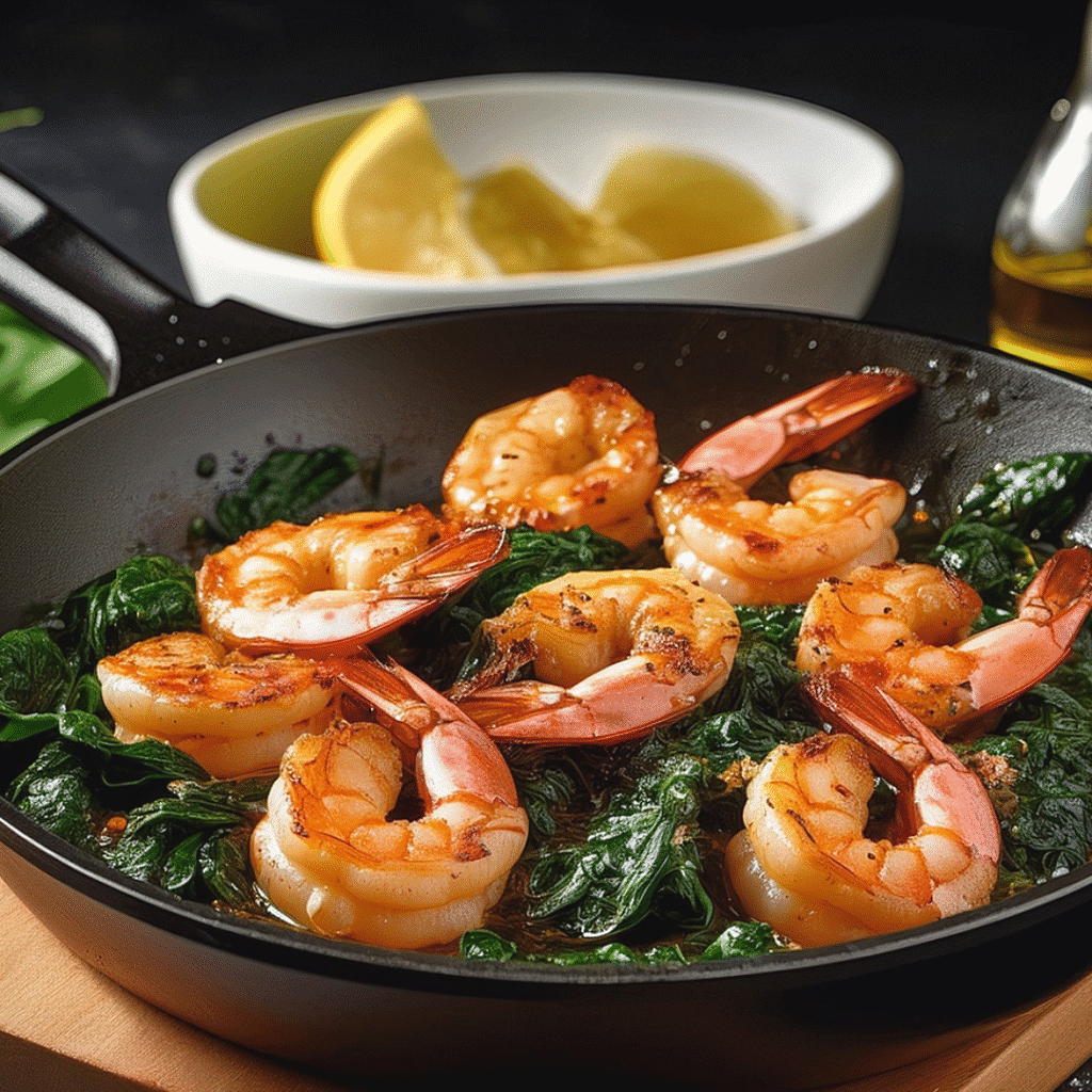 Cooking shrimp for pasta with spinach