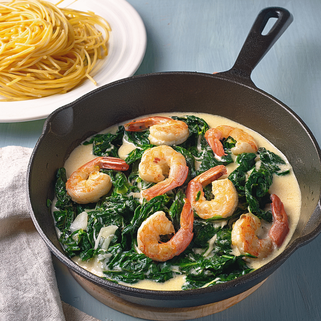 Adding spinach to shrimp pasta