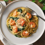 Plated shrimp spinach pasta recipe