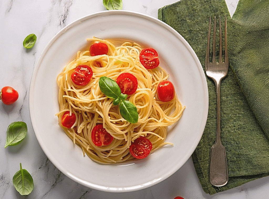 angel hair pasta recipes served with tomatoes and basil