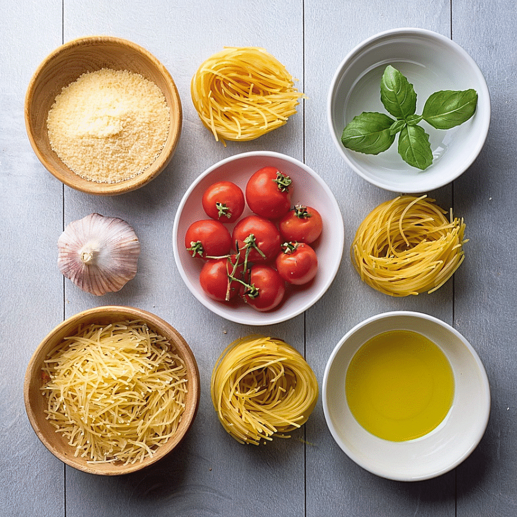 angel hair pasta ingredients laid out on table