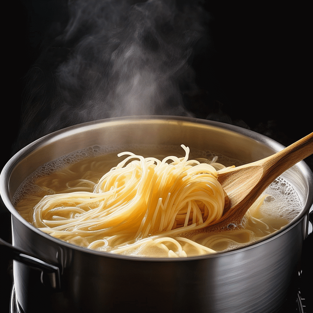 cooking angel hair pasta in boiling water