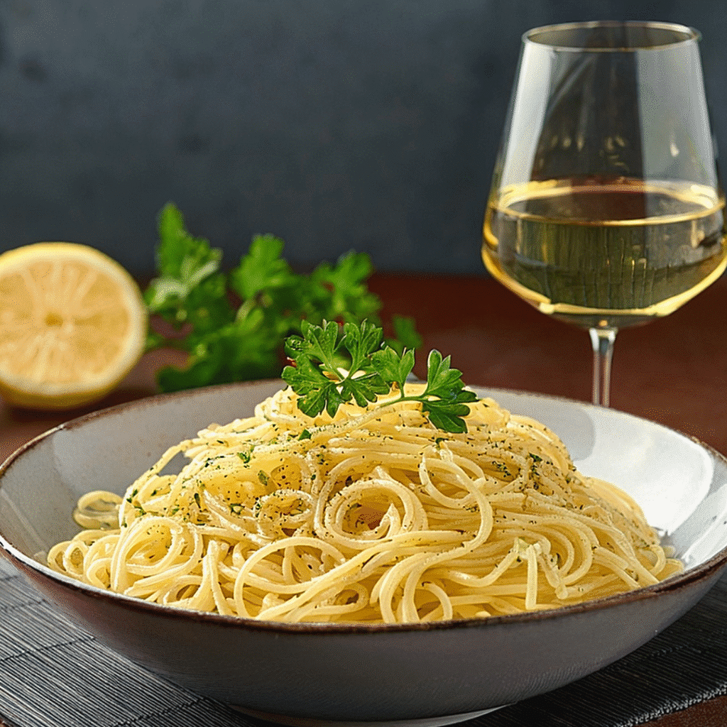 served angel hair pasta with herbs and lemon zest