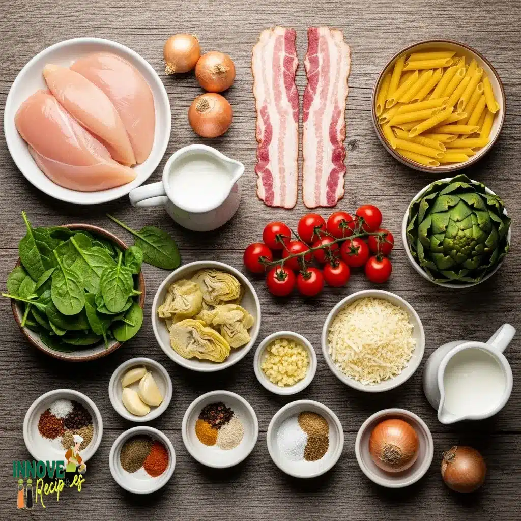 Spinach & Artichoke Chicken Pasta with Bacon and Tomatoes in Asiago Cream Sauce