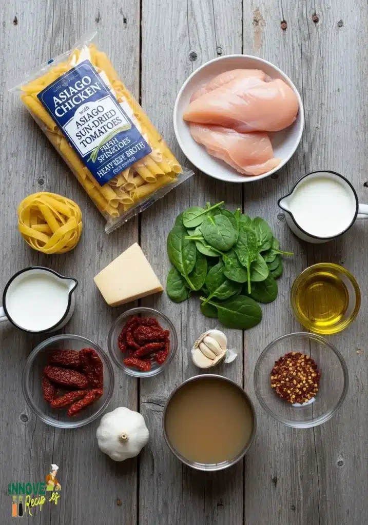 Asiago Chicken Pasta with Sun-Dried Tomatoes and Spinach