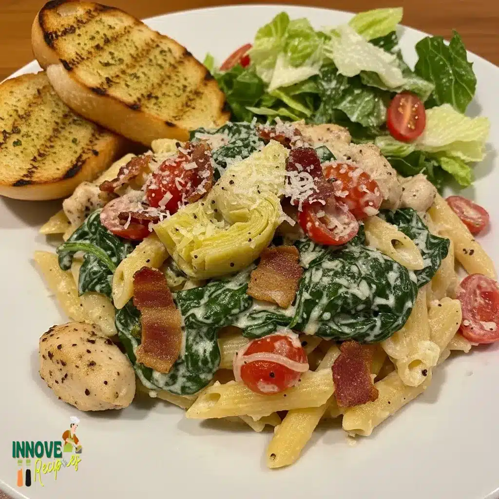 Spinach & Artichoke Chicken Pasta with Bacon and Tomatoes in Asiago Cream Sauce